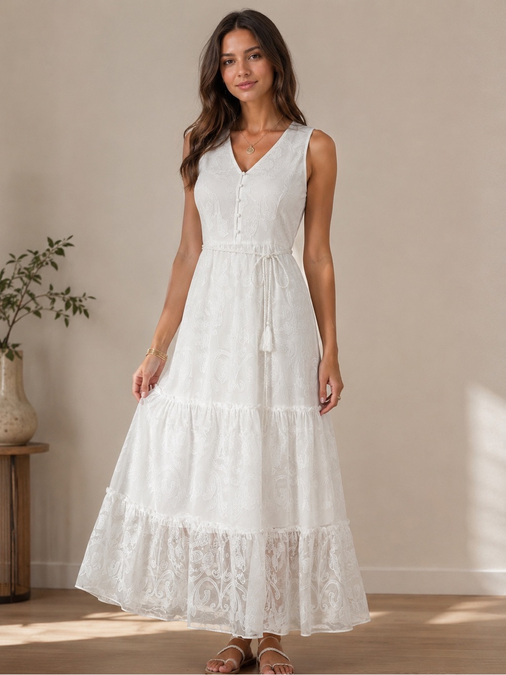 Marchesa White Sleeveless Embroidered Maxi Dress